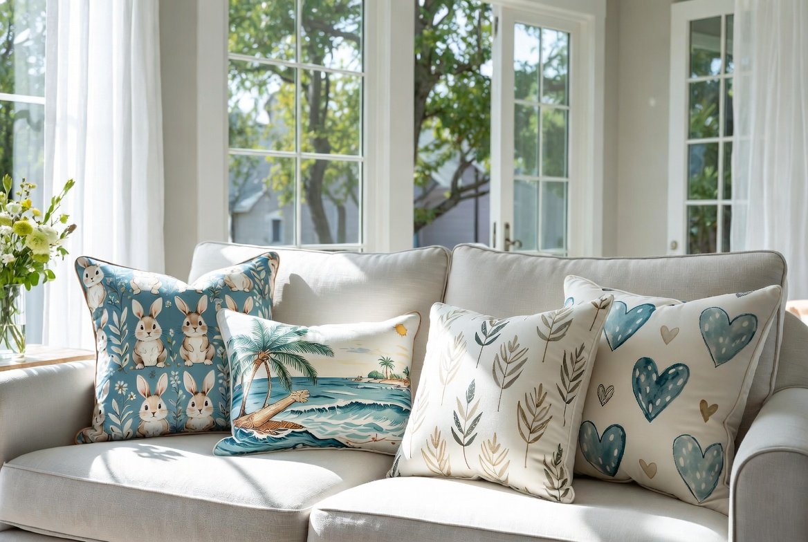 Fresh & Light vibe — bright airy Ontario sunroom with spring bunny, summer coastal, neutral botanical and sweetheart hearts pillows