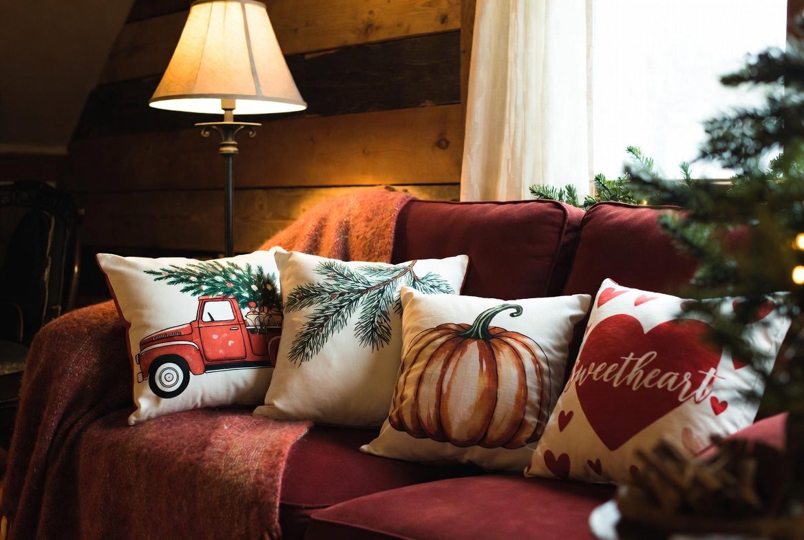Heart & Hearth vibe — warm festive Ontario room with holiday truck, winter pines, harvest pumpkin and sweetheart hearts pillows