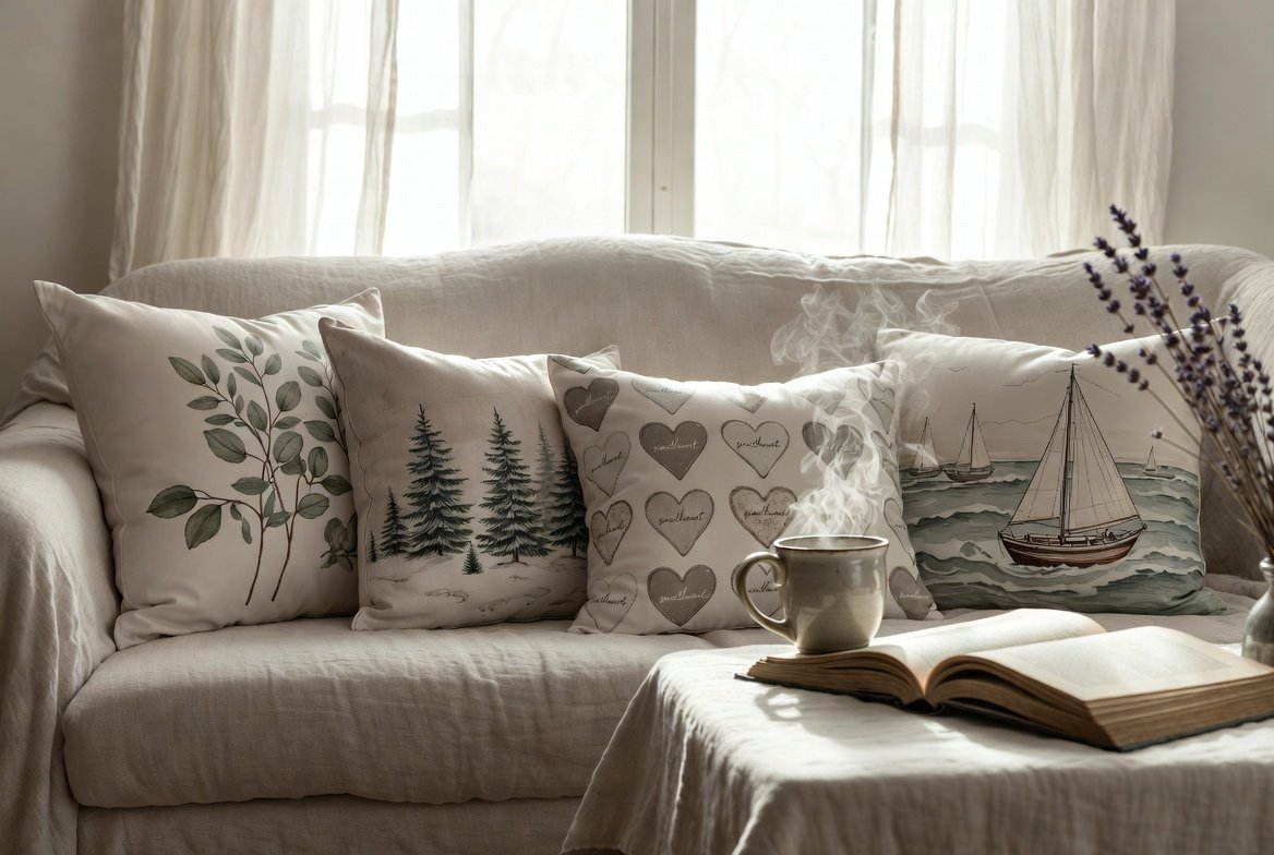 Quiet Morning vibe — serene Ontario living room with neutral botanical, winter pines, sweetheart hearts and coastal pillows