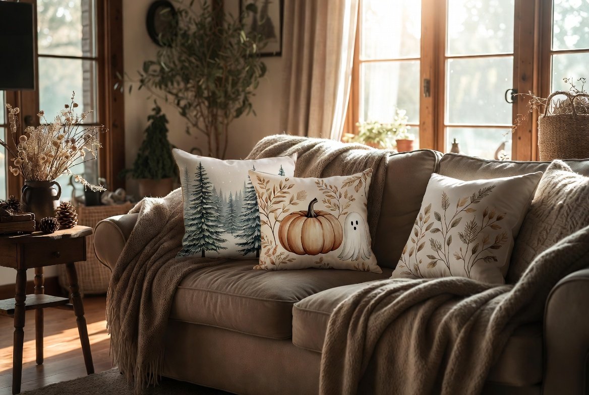 Woodland Calm vibe — cozy golden-hour Ontario cabin room with winter pines, harvest pumpkin, cozy ghost and neutral botanical pillows