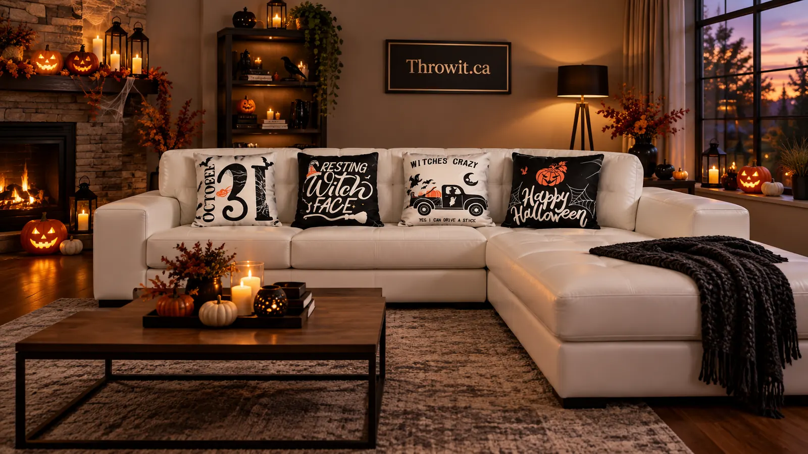 A cozy Halloween living room styled with Throwit.ca pillow covers